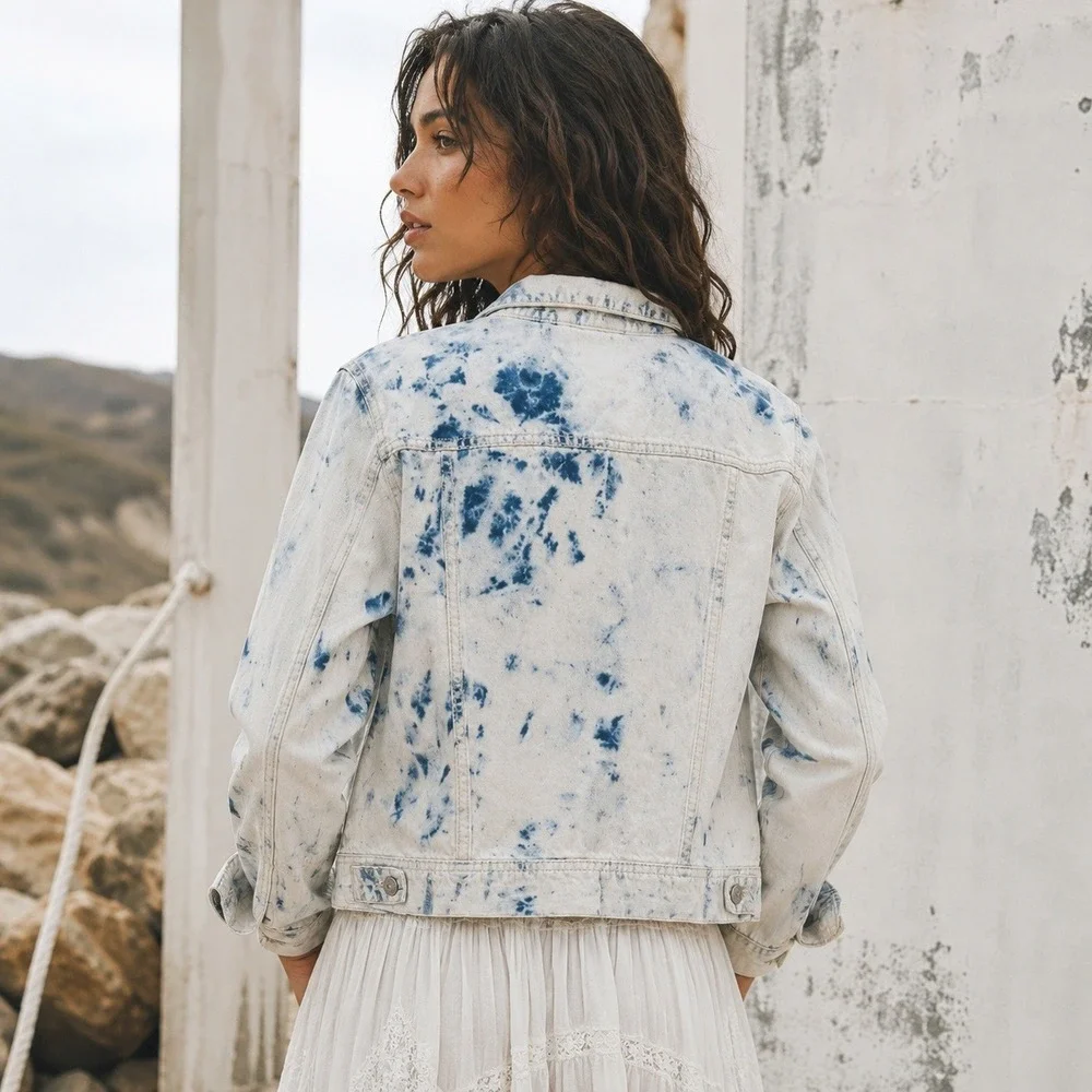Free People Bleach Wash Denim Jacket Cropped Jean Jacket Sz L - Picture 2 of 15